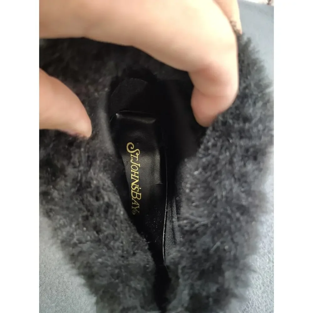 Ladies Size 7M ST JOHN'S BAY Black Short Booties Leather Faux Fur Fold Over Cuff